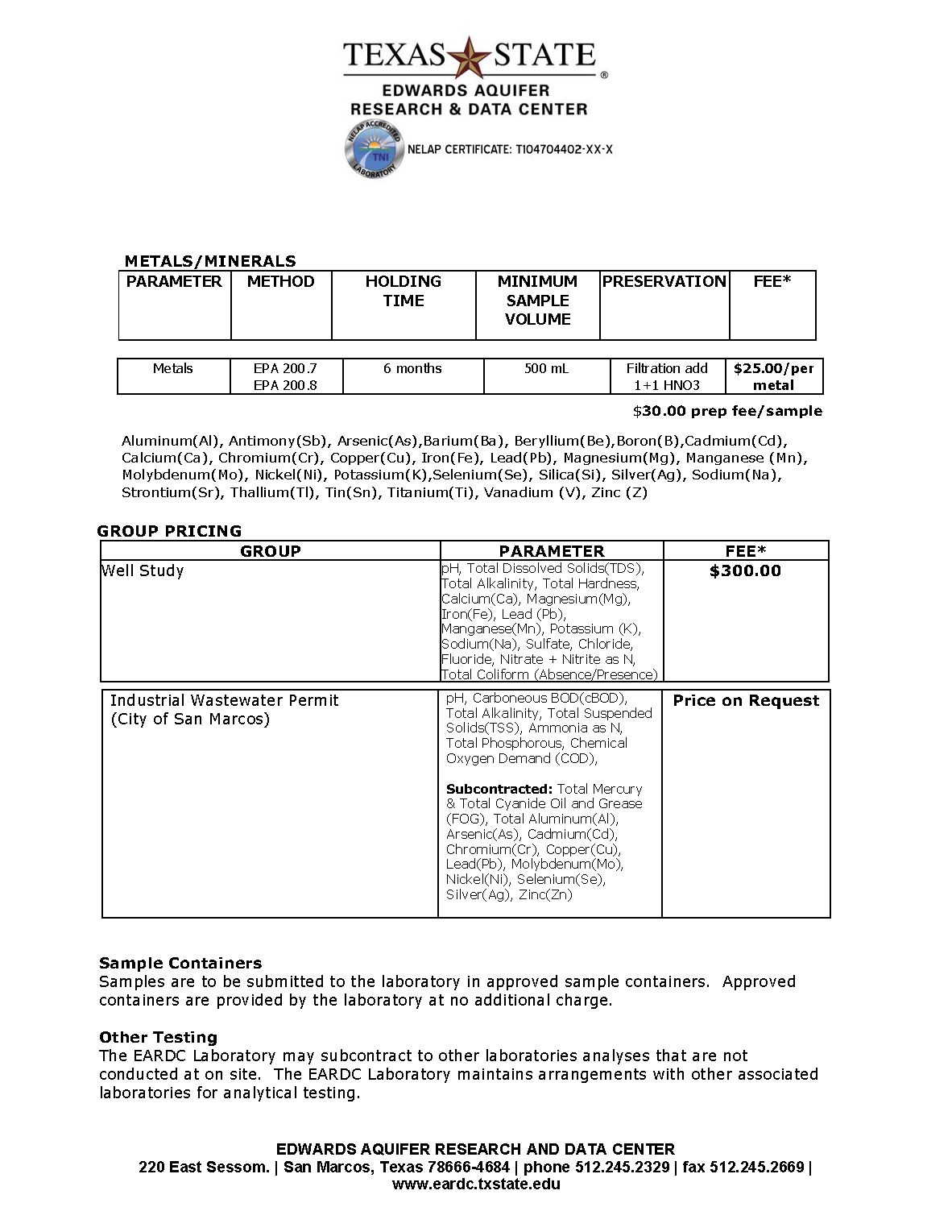 Microbial Forms and Lab Fee Schedule Edwards Aquifer Research & Data